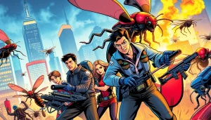 "The Exterminators" comic book cover depicting action-packed scenes with diverse exterminators battling oversized bugs.