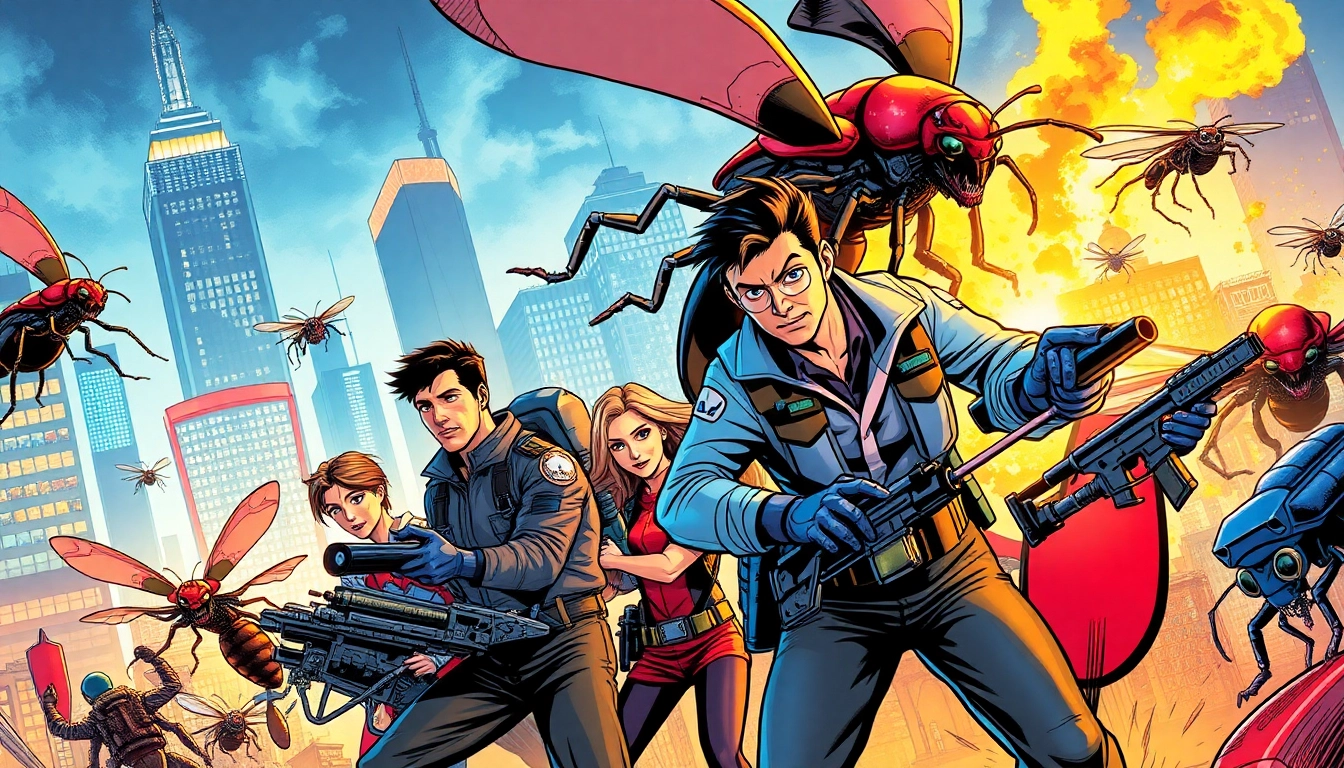 "The Exterminators" comic book cover depicting action-packed scenes with diverse exterminators battling oversized bugs.