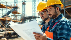 Highlighting careers in construction, a worker reviews blueprints on-site with machinery in the background.