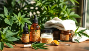 Showcasing high-quality cbd organics products elegantly arranged with natural elements and bright lighting.