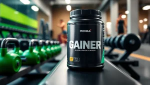 Gainer powder kutusu ile spor salonunda spor yapan birini destekleyen dinamik bir görüntü.