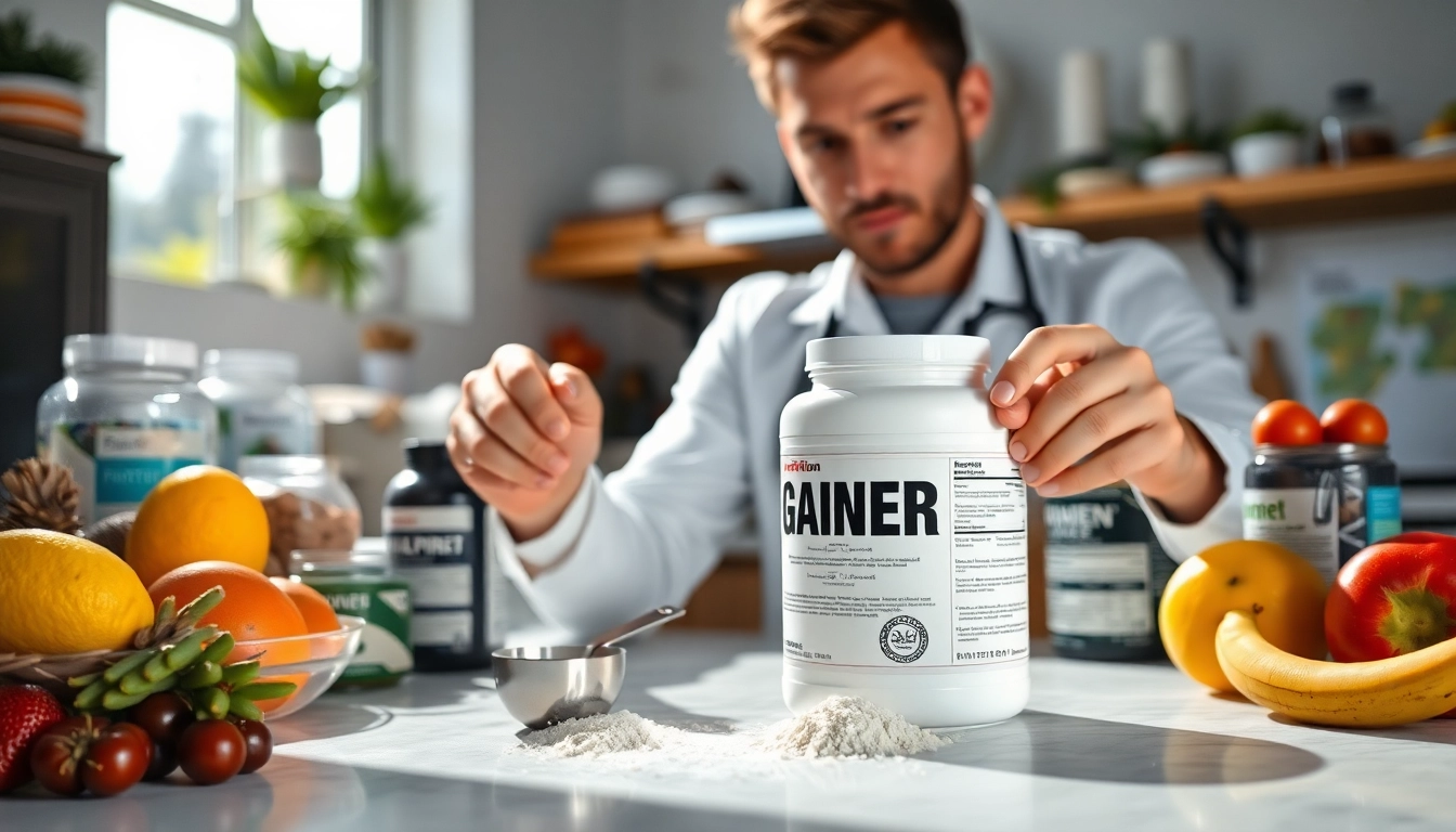 Showcase gainer powder with a measuring scoop in a bright kitchen environment.