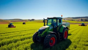 CLAAS Landmaschinen in einem fruchtbaren Feld, strahlend unter blauen Himmel.