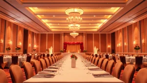 Stunning view of a trenton event center with elegant banquet setup and warm lighting.