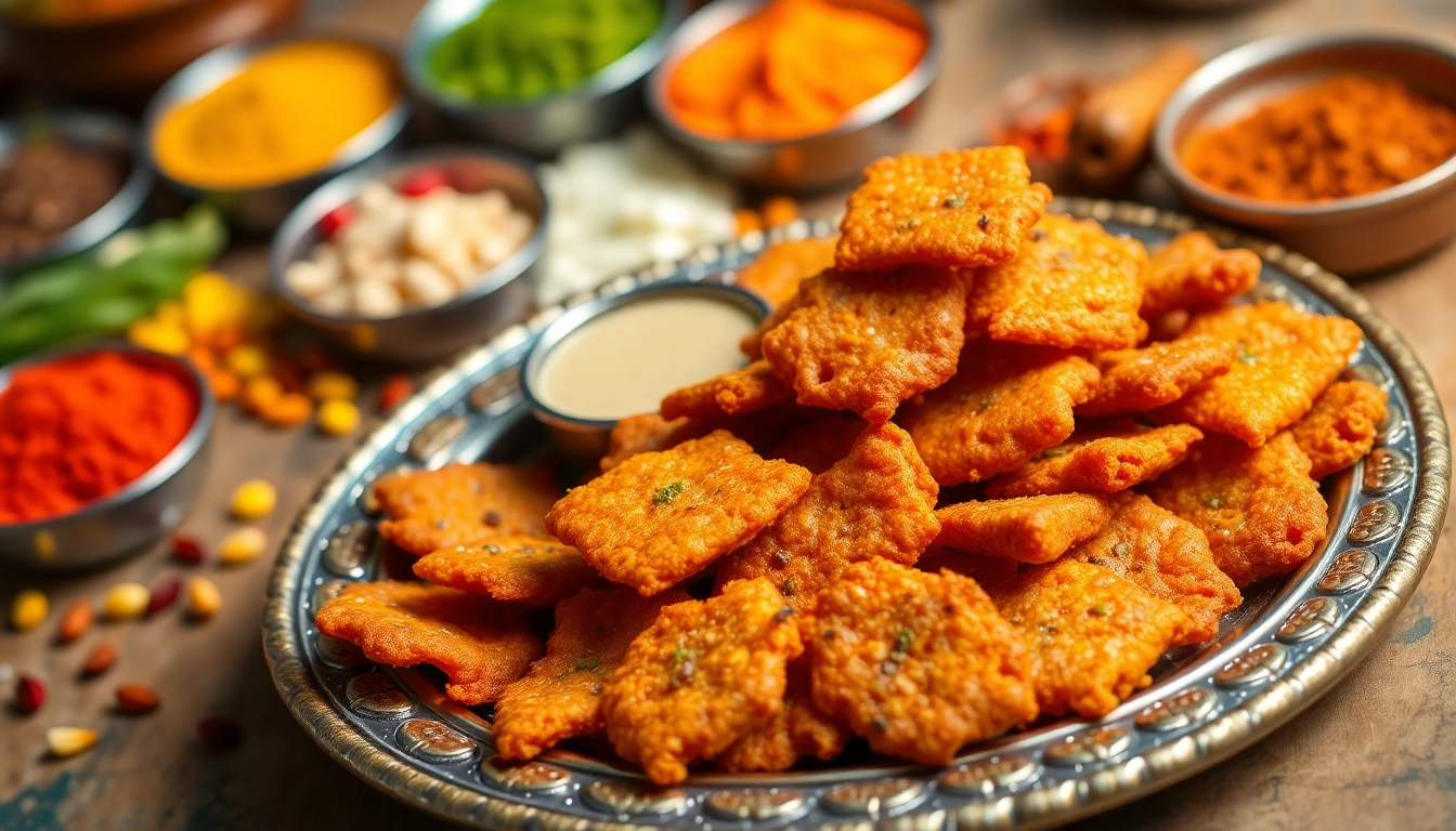 Enjoy delicious Bhujia snacks displayed on a traditional platter, highlighting their crispy texture and vibrant colors.
