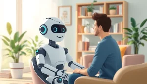 AI Therapist chatbot providing support to a user in a calm and welcoming office environment.
