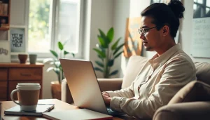 Engaged professional exploring side hustles with flexible hours in a bright home office.