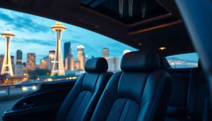 Experience Vancouver to Seattle Car Service in a luxurious limousine with city skyline view.