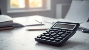 Using a Scientific Calculator prominently displayed on a workspace with mathematical backgrounds.