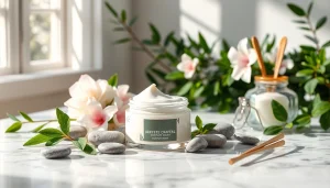 Apply the rejuvenating face cream for smooth, hydrated skin surrounded by natural elements.