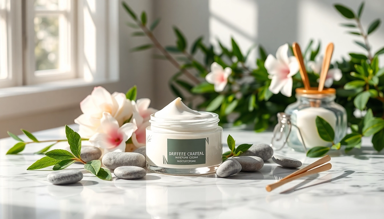 Apply the rejuvenating face cream for smooth, hydrated skin surrounded by natural elements.