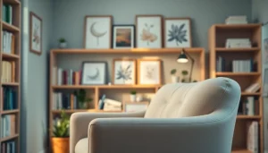Therapist's office inviting healing trauma recovery with a cozy chair and calming decor.