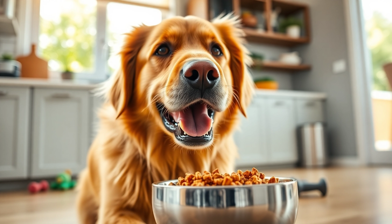 Happy dog enjoying dr marty pet food canada in a bright kitchen setting.