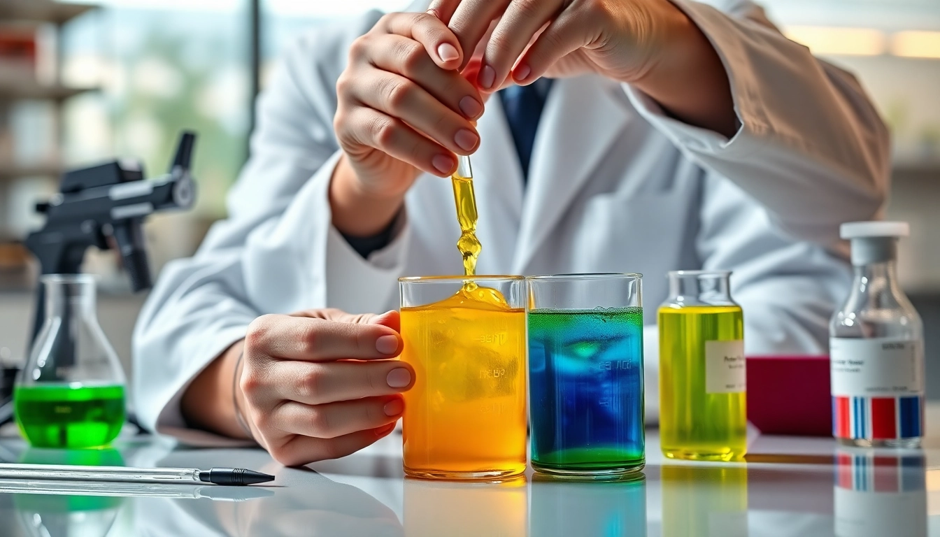Mixing infusion resins in a professional lab, highlighting vibrant colors and innovative processes.