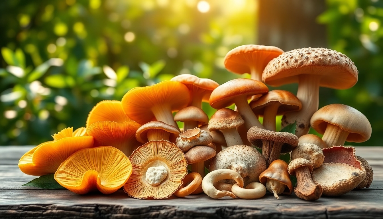 Explore the health benefits of Mushroom Complex with vibrant medicinal mushrooms in a natural setting.