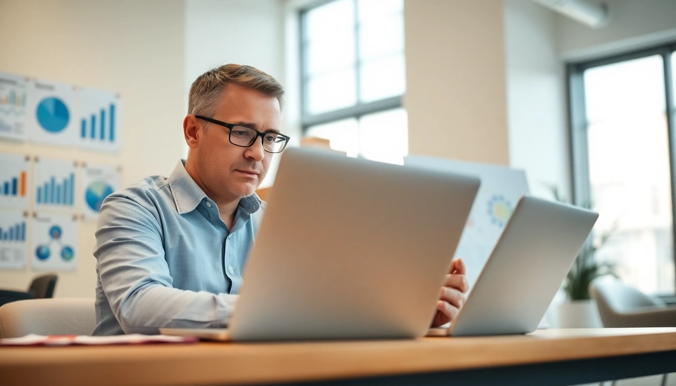 Purchasing consultant analyzing data trends in a bright office environment.