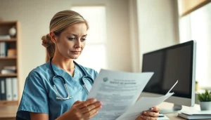 Professional nurse analyzing VDAP documentation in a healthcare office setting.