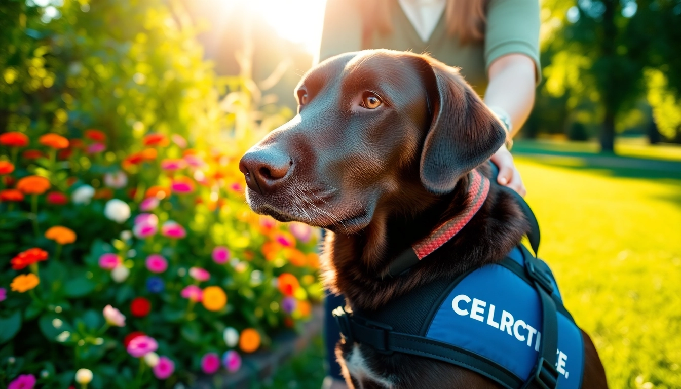 Assisting service dogs for sale in a park with their owners highlighting companionship.