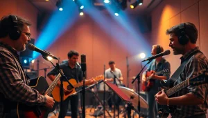 Engaging musicians utilizing music promotion services in a vibrant studio setting.