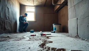 Foundation crack repair geneva with technician applying materials in a residential basement.