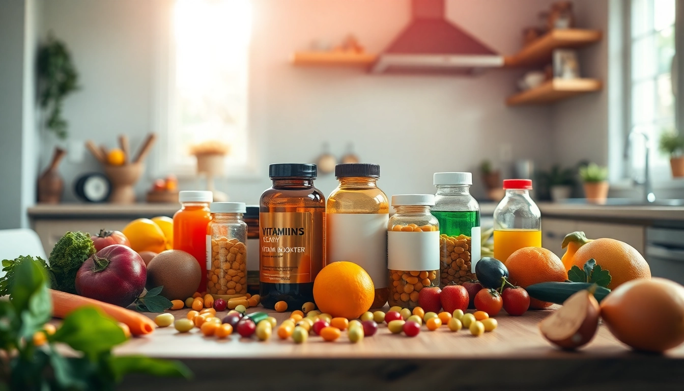 Highlighting Vitamin Boosters in a vibrant kitchen setup with fresh produce and supplements.
