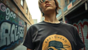 Person showcasing a cool vintage Radiohead shirt in an urban graffiti setting.