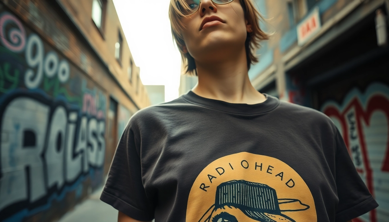 Person showcasing a cool vintage Radiohead shirt in an urban graffiti setting.