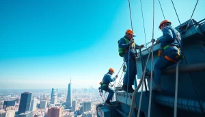 Technicians from rope access companies safely maintaining a tall industrial structure against a blue sky.