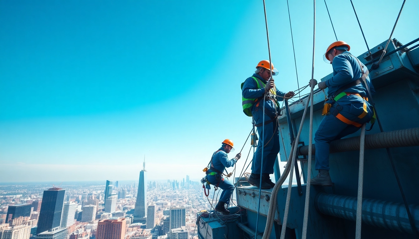 Technicians from rope access companies safely maintaining a tall industrial structure against a blue sky.