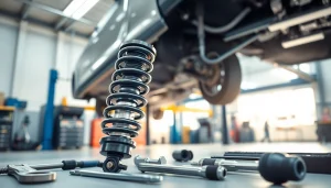 Changing shock absorbers: a professional automotive technician demonstrating cambio de amortiguadores in a clean garage.