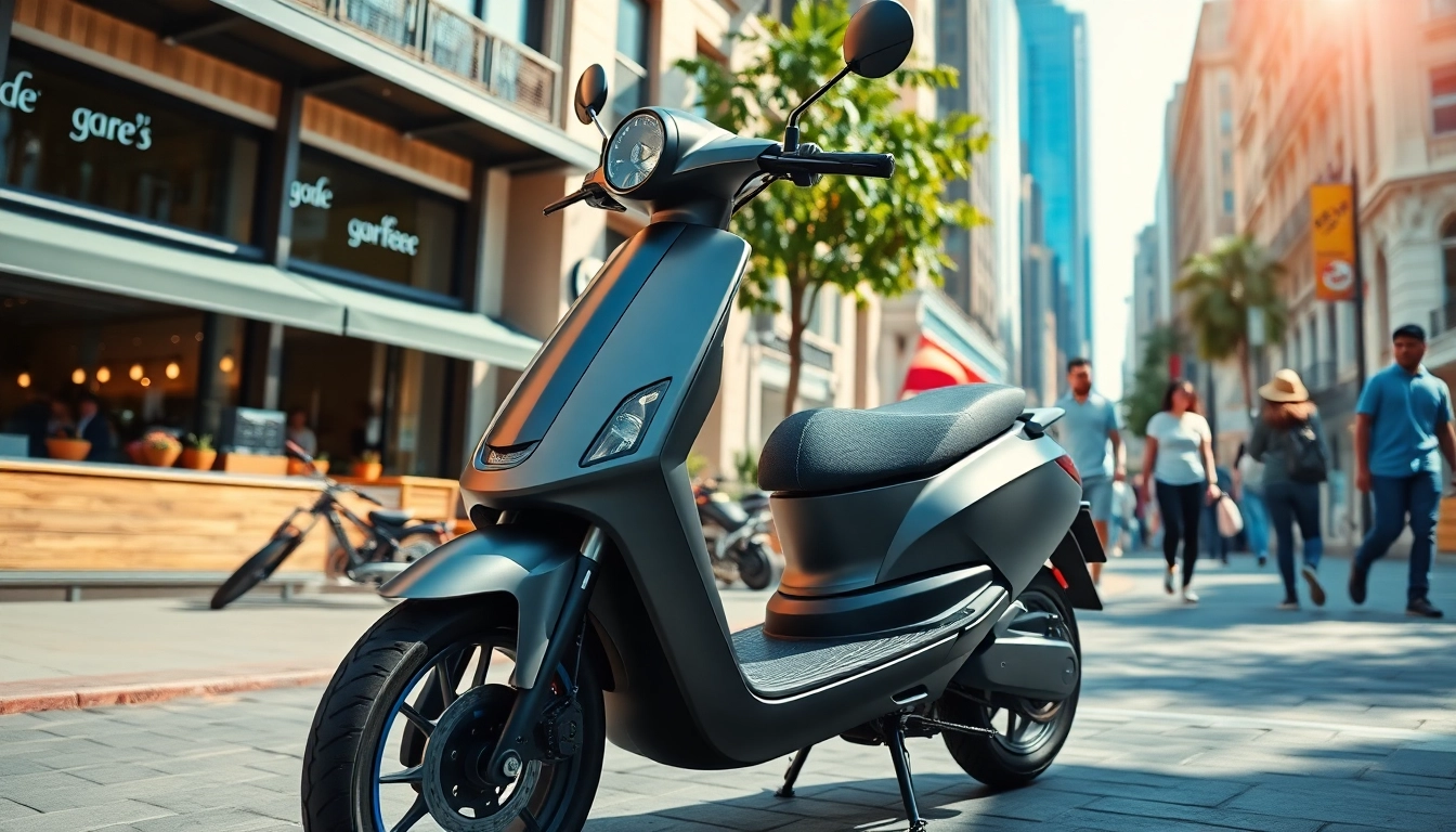 Riding an electric scooter through a busy urban environment enhanced by sunny nature.