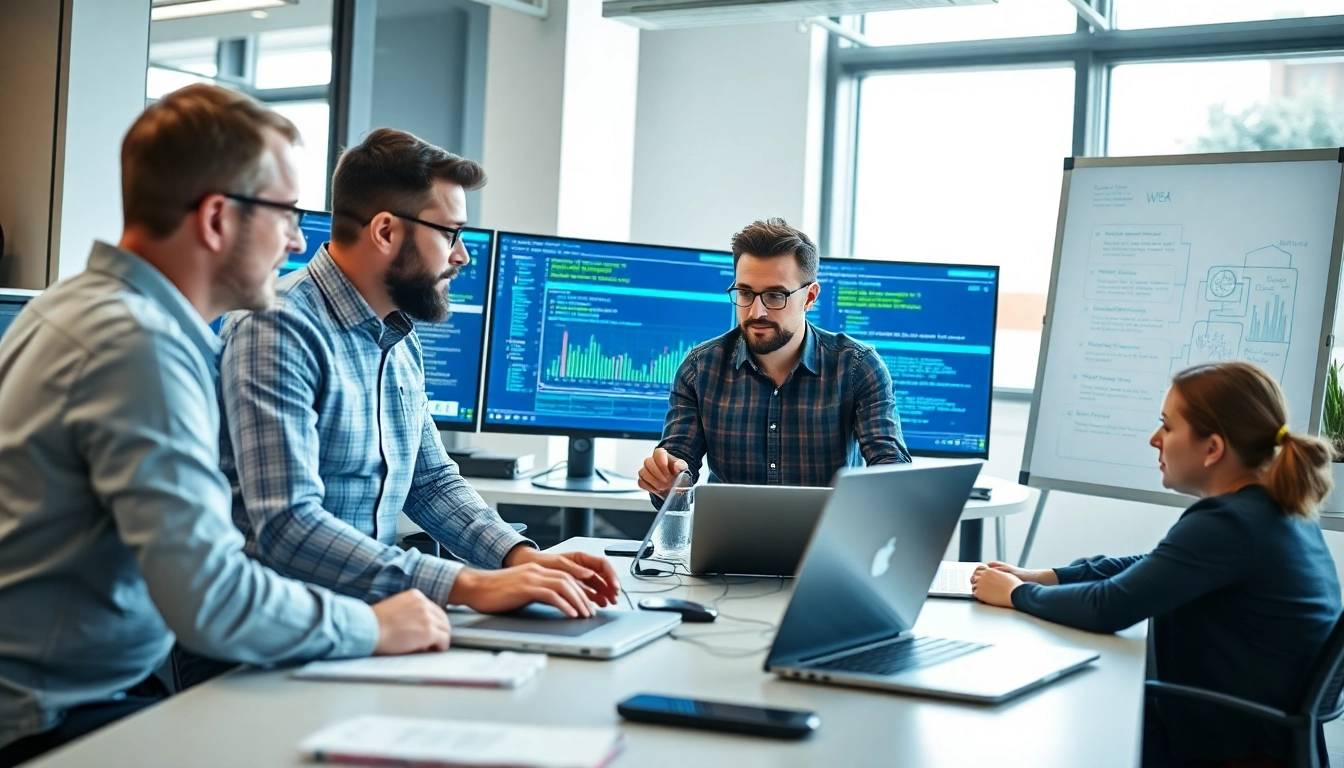 Site reliability engineering experts collaborating actively in a cutting-edge workspace.