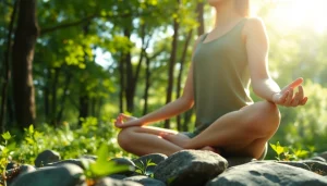 Heilfasten meditating in a serene green forest promoting relaxation and wellness.