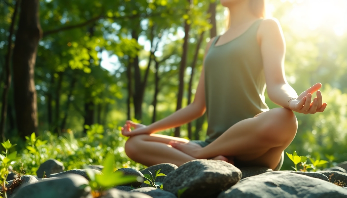 Heilfasten meditating in a serene green forest promoting relaxation and wellness.
