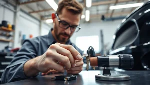 Locksmith expertly crafting lost car keys in a professional workshop setting.
