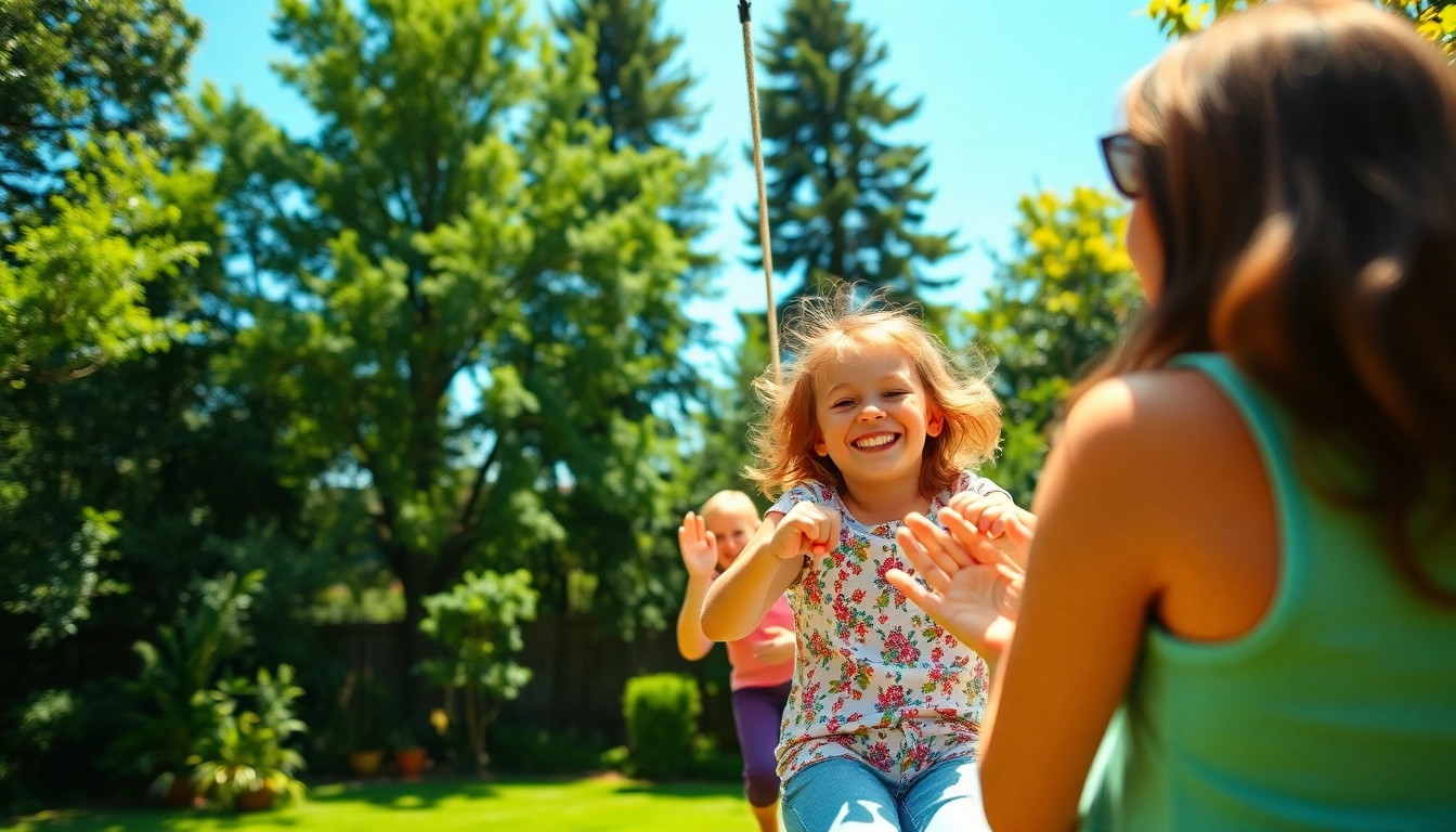 Enjoying a thrilling ride on a ZIP WIRE KIT in a sunlit backyard with family cheering.