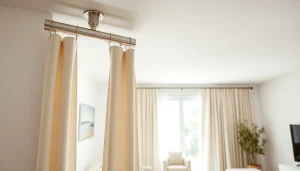Install curtain tracks and poles in a modern living room with natural light.