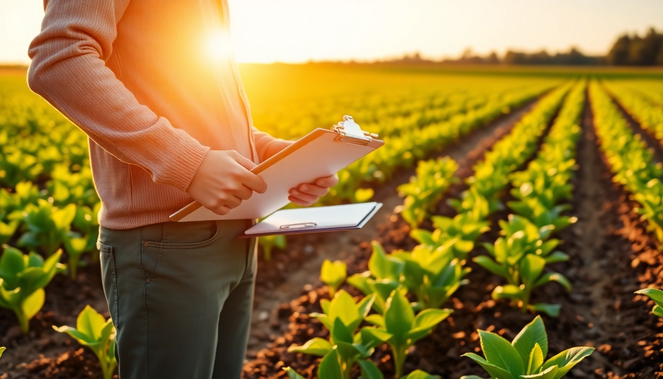 Agricultural law expert conducting a crop inspection in a vibrant green field.