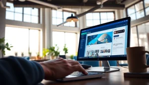 Optimize social media and blog automation with a modern workspace featuring a computer screen.