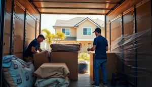 Professional movers packing items safely from https://starvanlinesmovers.com in a sunlit neighborhood.