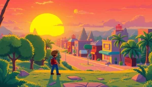 Play DOS games with retro characters in a vibrant pixel art cityscape.