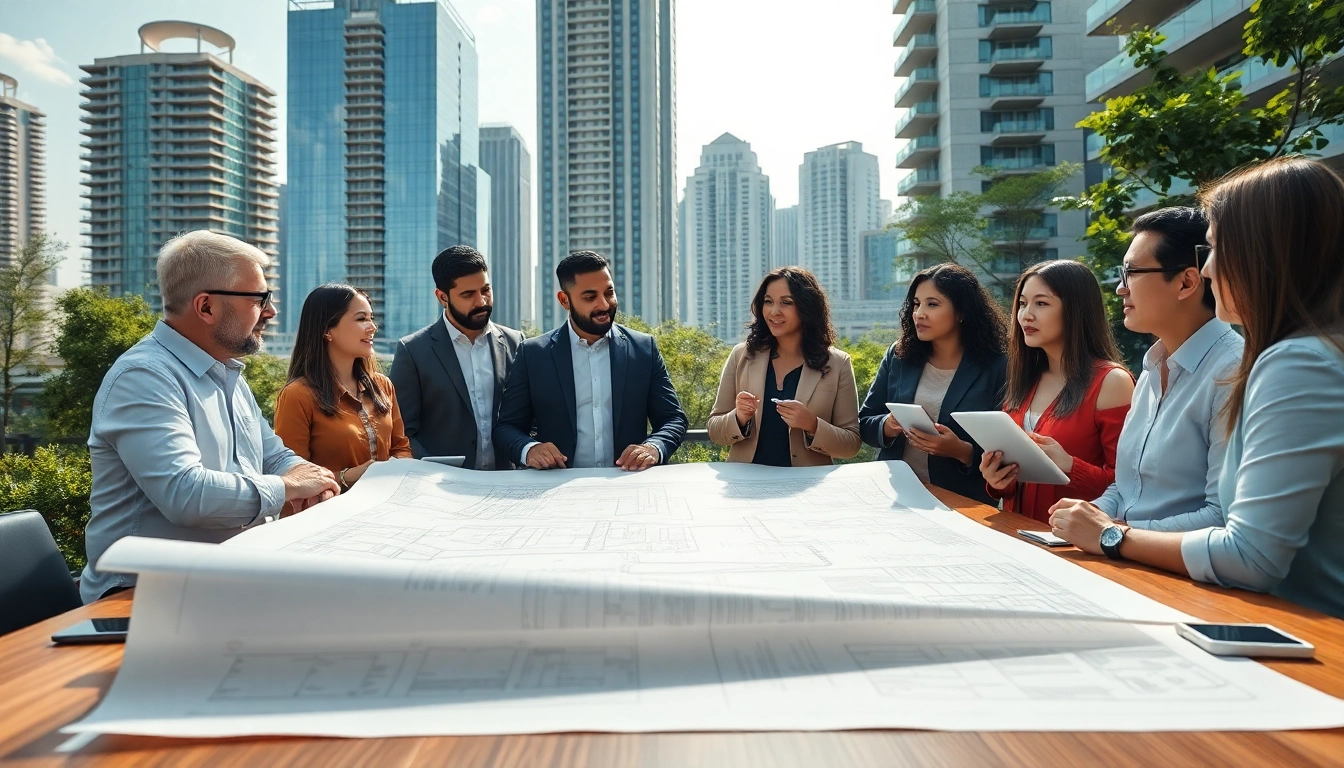 Investissement locatif avec des investisseurs collaborant sur des plans immobiliers, symbolisant des opportunités.
