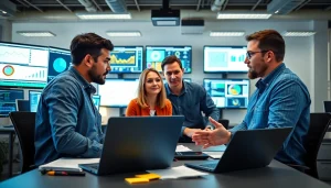 Site reliability engineering experts collaborating in a modern workspace with high-tech equipment.