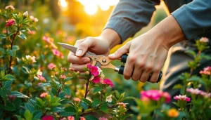 Snoeien van planten met een vakman in een prachtig tuinlandschap.