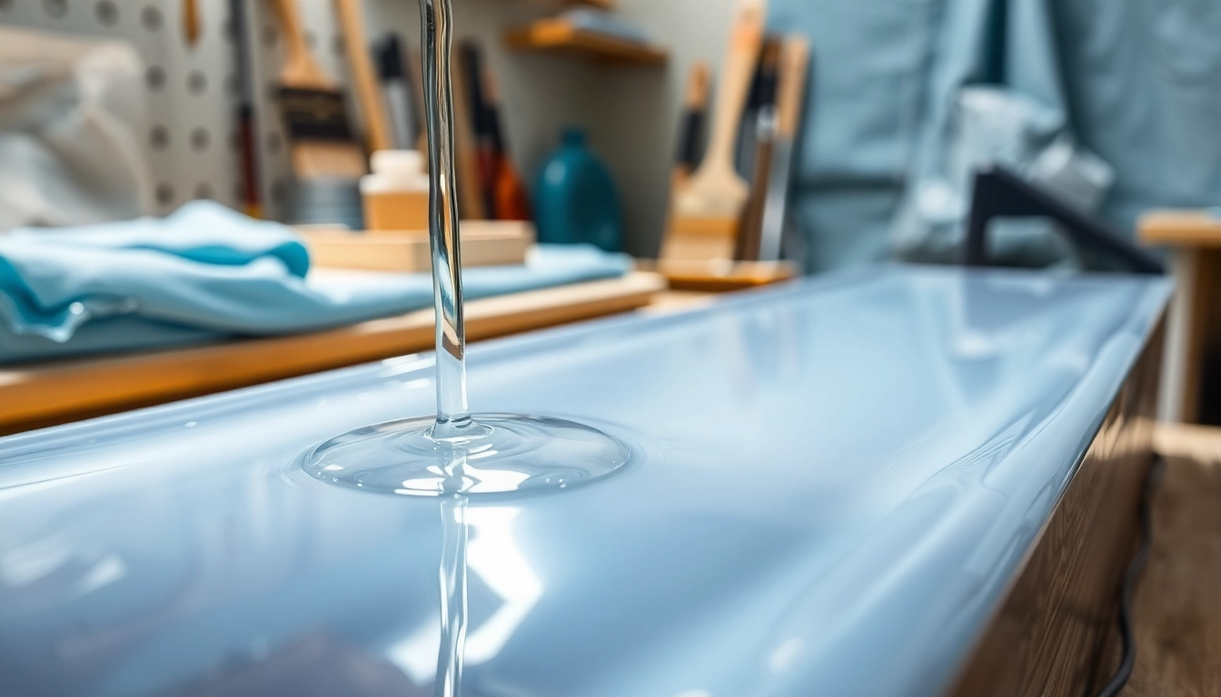 Pouring laminating resin into a mold, showcasing its clear texture and professional application.