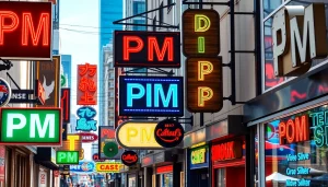 View of diverse pm signs in an urban setting highlighting vibrant business branding.