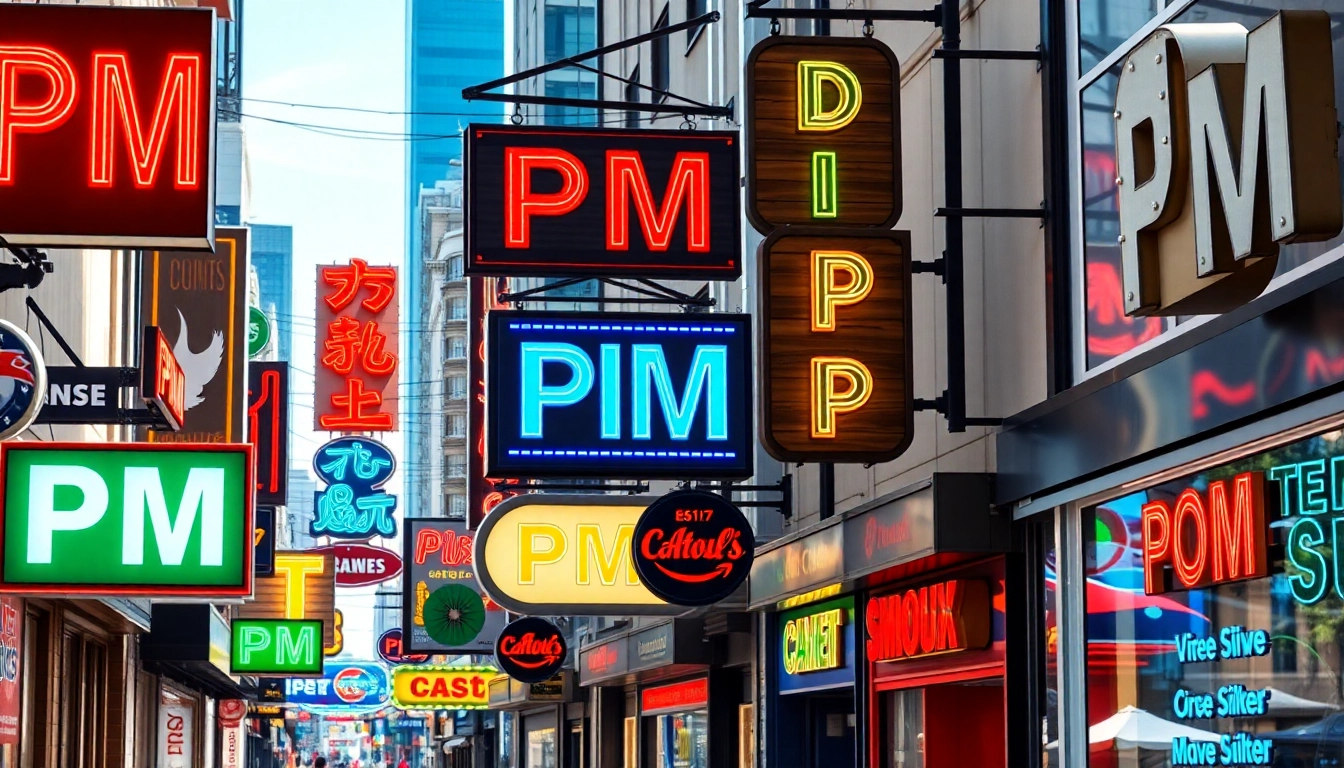 View of diverse pm signs in an urban setting highlighting vibrant business branding.