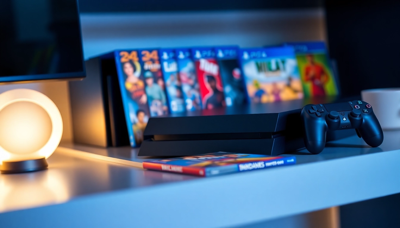 Showcase an engaging setup of PS4 games and console in a stylish gaming environment.