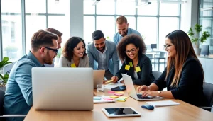 Cohesive team at a social media agency strategizing over digital tools in a bright office.