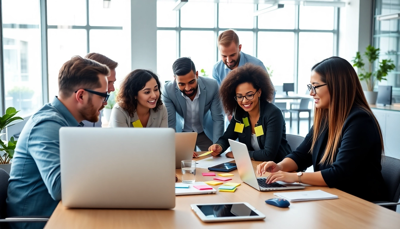 Cohesive team at a social media agency strategizing over digital tools in a bright office.